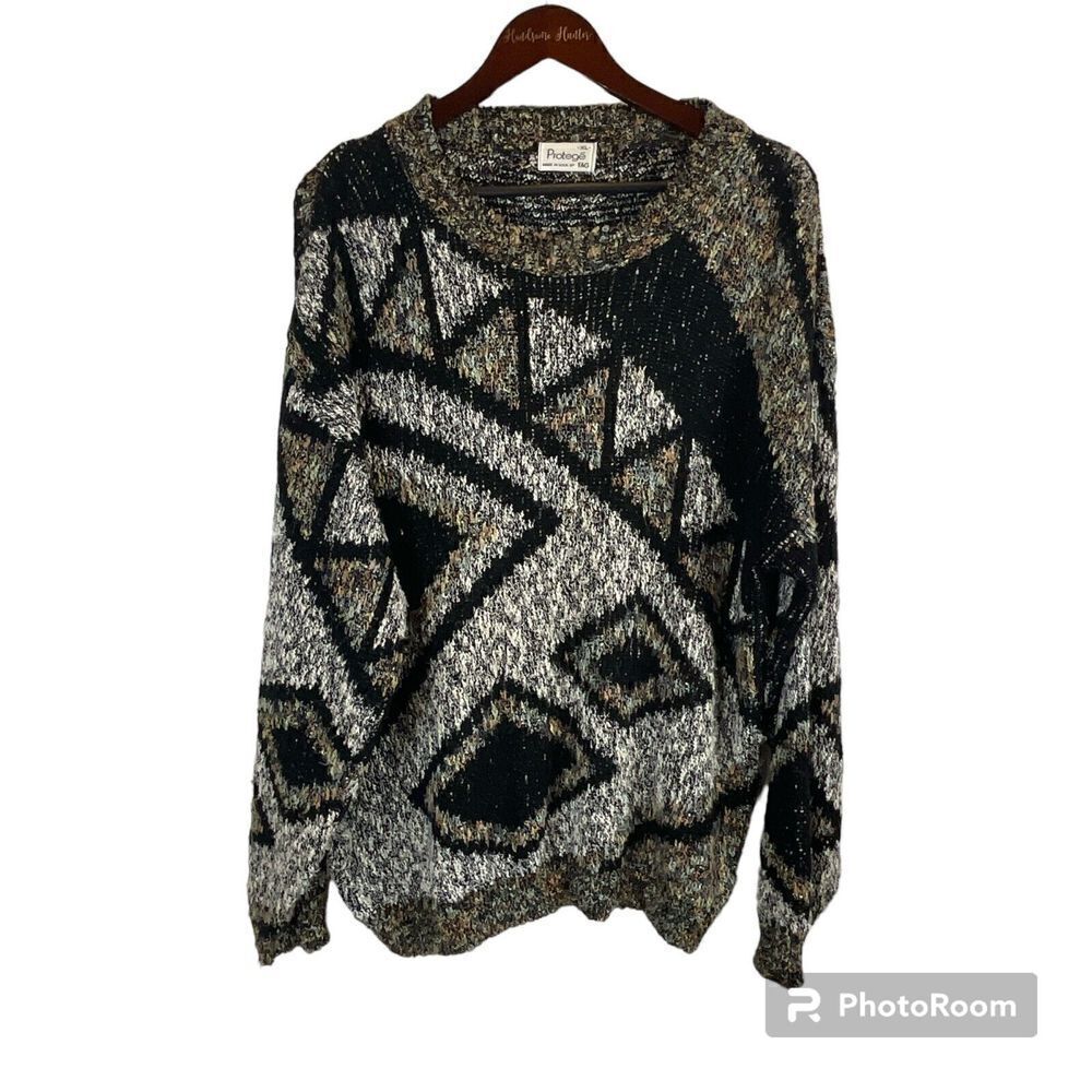 Protege Men XL Sweater‎ Coogi Style Black Brown Vintage Abstract Textured 3D U2